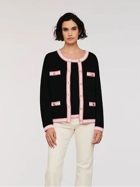 Weill Black and Pink Trim Women’s Cardigan Sweater Sz L 100% cashmere